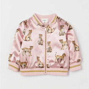H&M KIDS SATIN BOMBER JACKET PINK CHEETAHS PRINT 3-4 year